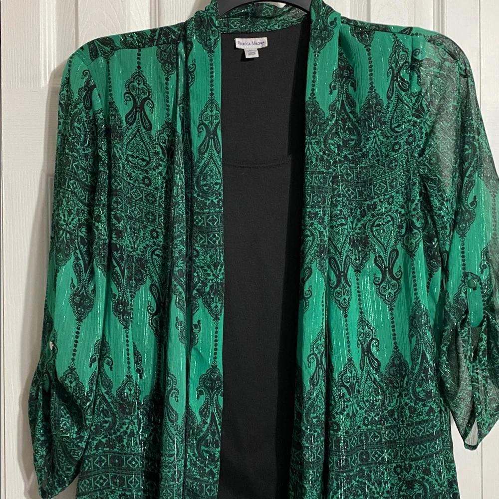 Rebecca Malone green & black festive blouse size LARGE - Picture 2 of 13